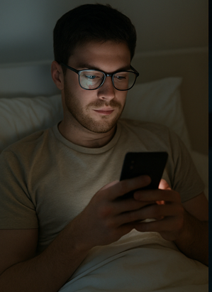 잠들기전 침대에서 스마트폰을 내려놓지 못하는 현대인의 모습