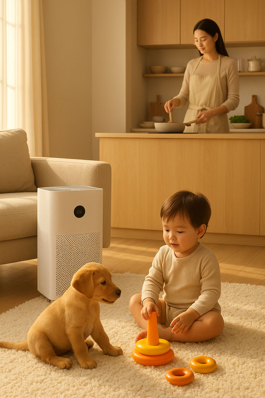 따뜻한 거실에서 아이와 반려동물이 놀고 있고, 아내가 요리하는 옆에 샤오미 미에어 4 Lite가 놓여 있다