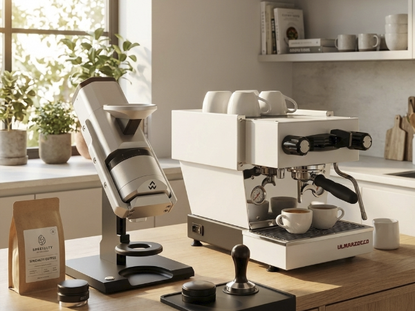 주방에 꾸민 홈카페 고가의 커피 머신과 그라인더가 놓여 있다.