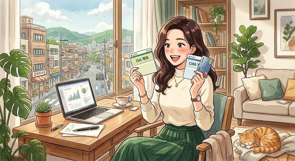 ISA(개인종합자산관리계좌)와 CMA(자산관리계좌) 를 계설하고 기뻐하는 여성
