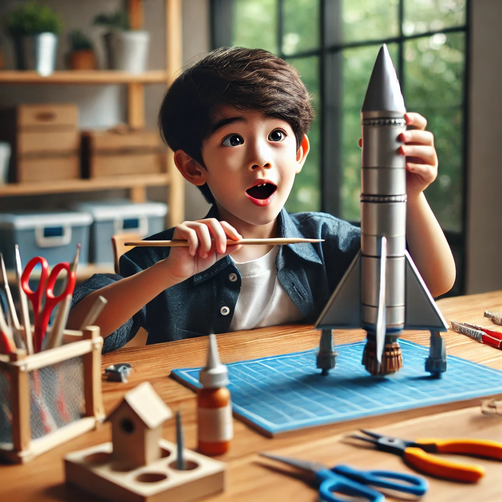8살 정도 된 한국 아이가 나무 책상에서 작은 모델 로켓을 조립하며 주변에 도구와 재료가 놓여 있고, 흥분과 집중된 표정을 짓고 있는 모습, 밝은 방 안에서