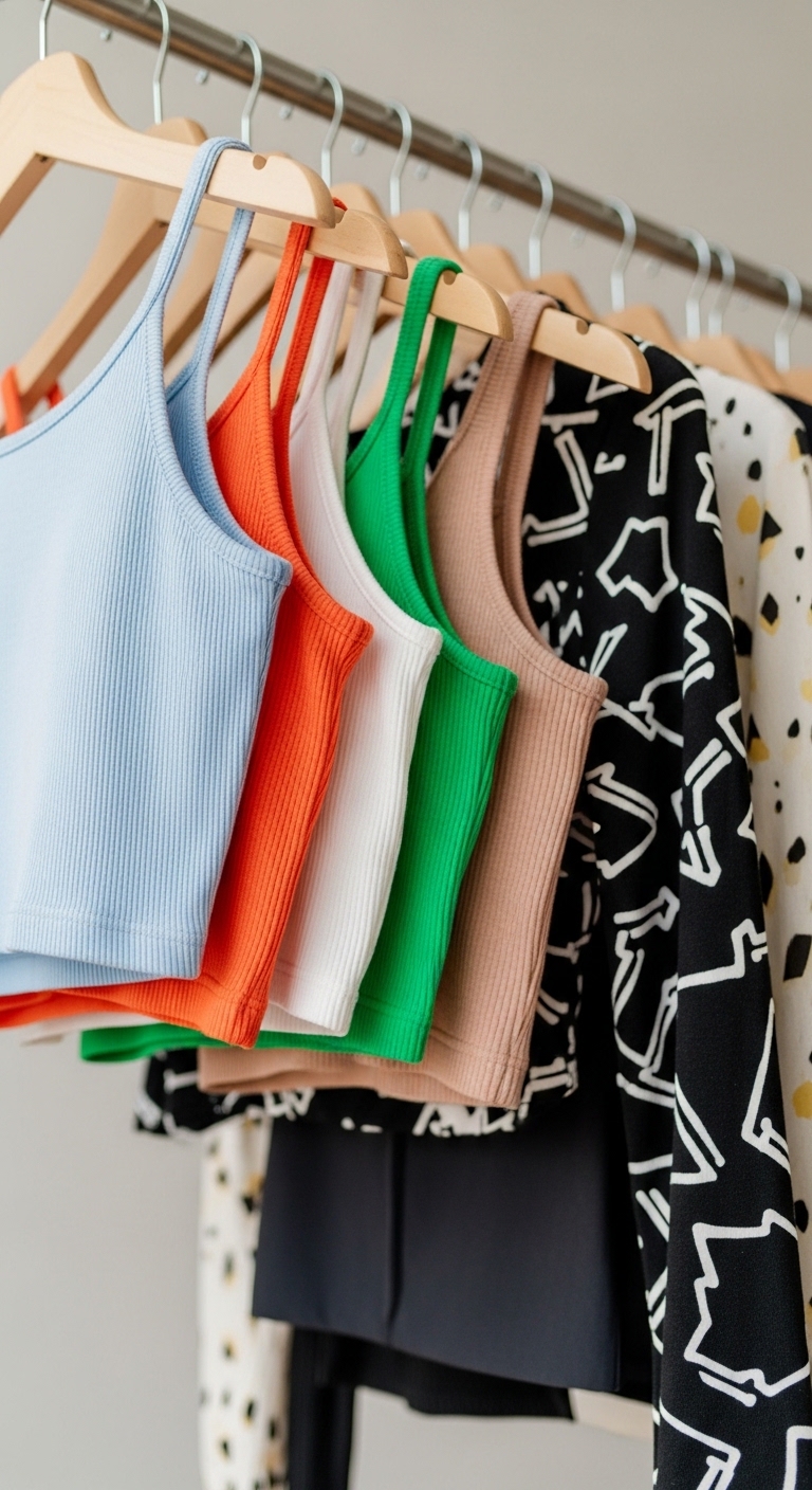 다양한 기장과 핏의 크롭탑들이 행거에 걸려 있는 모습