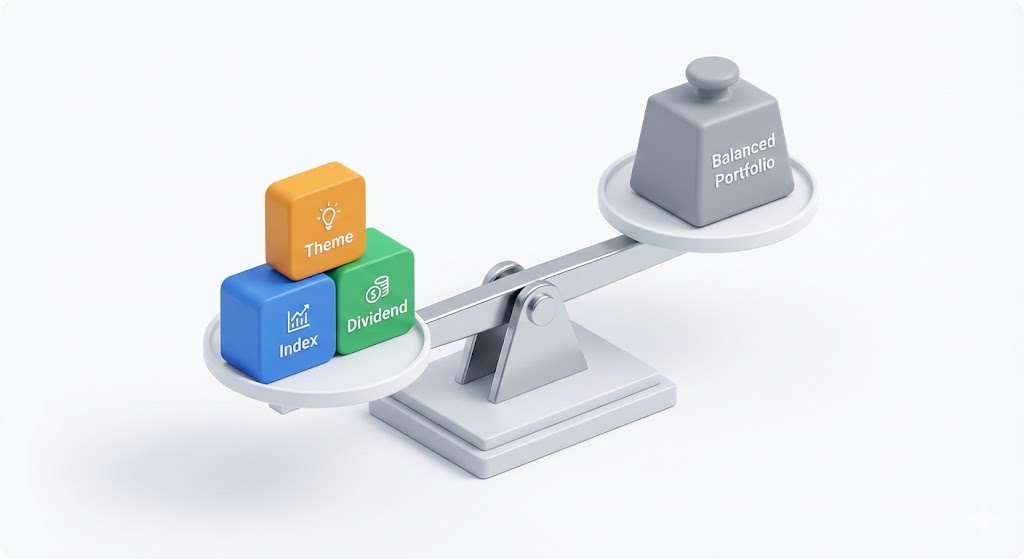 다양한 ETF 유형(지수추종, 테마, 배당)이 저울 위에 균형 있게 놓여 있는 인포그래픽