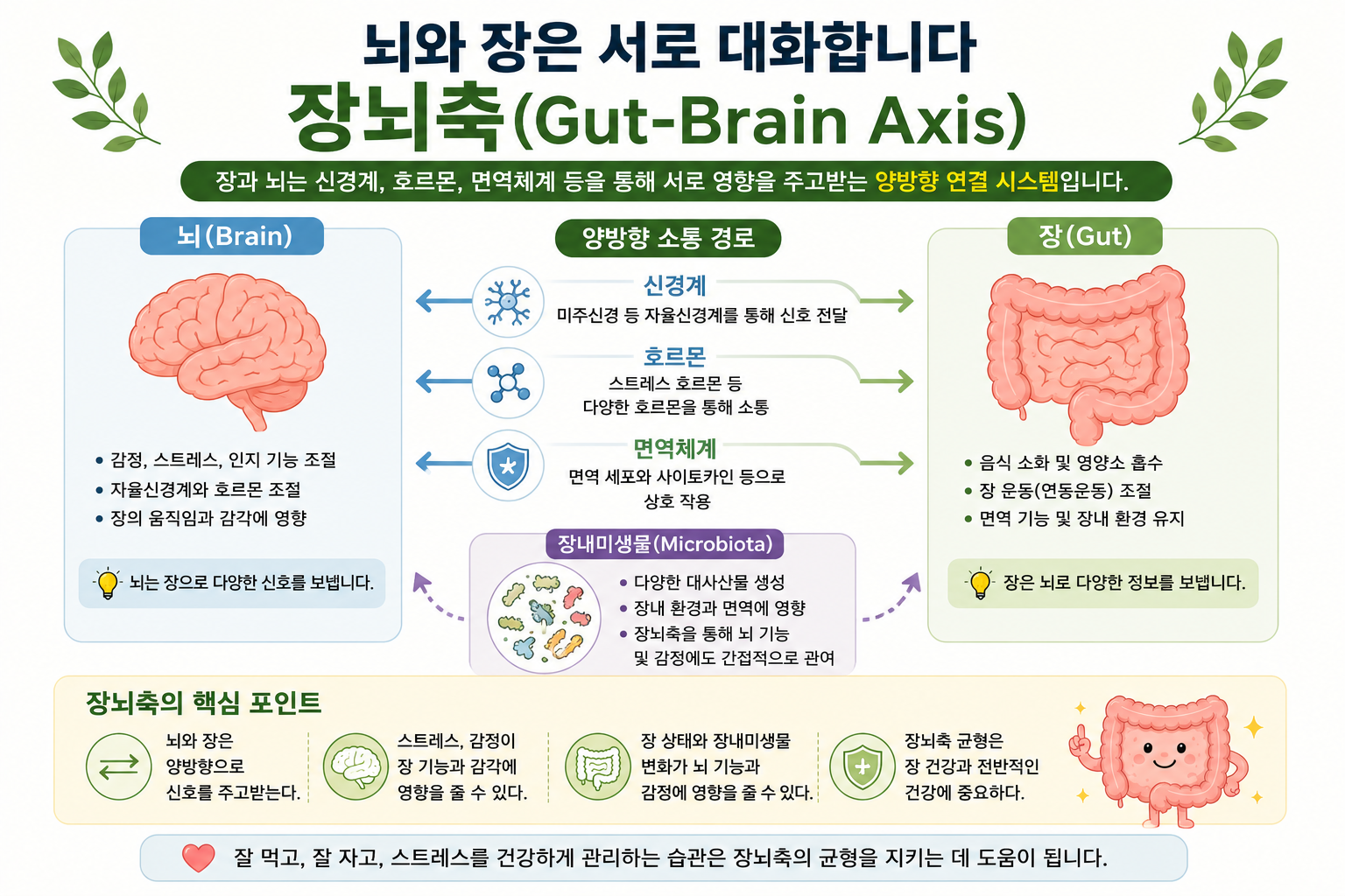 뇌와 장 사이 신경 호르몬 면역 및 미생물 관련 양방향 신호 개념도