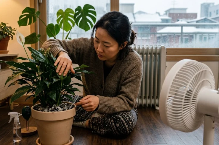 화분 흙 표면에 생긴 하얀 곰팡이를 확인하고 실내 통풍을 관리하는 모습