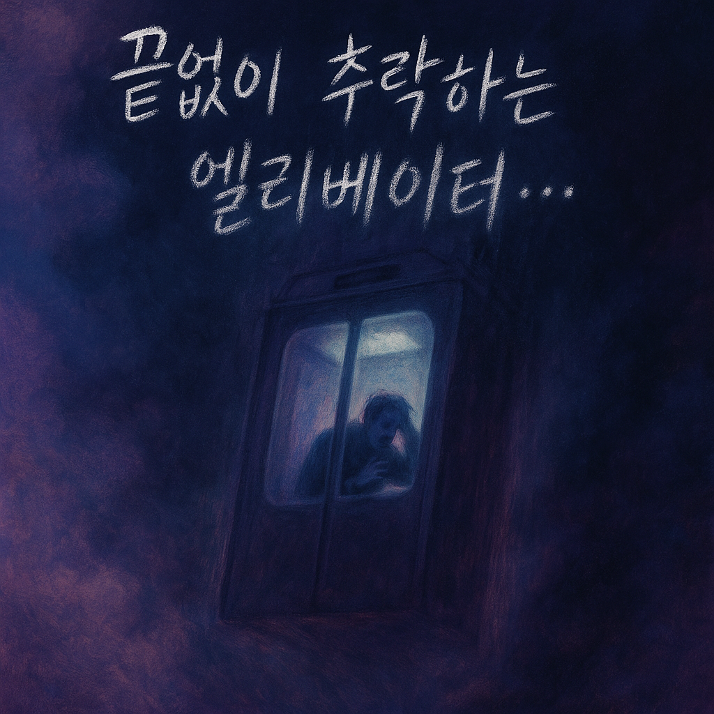 몽환적인 파스텔 톤의 하늘 속에서 불빛이 새어 나오는 엘리베이터가 끝없이 추락하는 장면을 담은 디지털 일러스트. 텍스트 '끝없이 추락하는 엘리베이터…'가 상단에 배치되어 있으며, 불안과 신비로움이 동시에 느껴지는 분위기를 표현