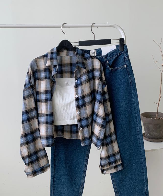 체크 박시 크롭 셔츠남방