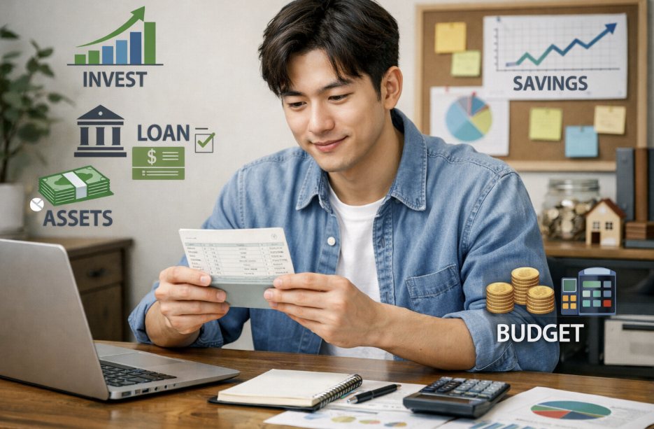 통장을 보며 자산을 관리하는 남성이미지