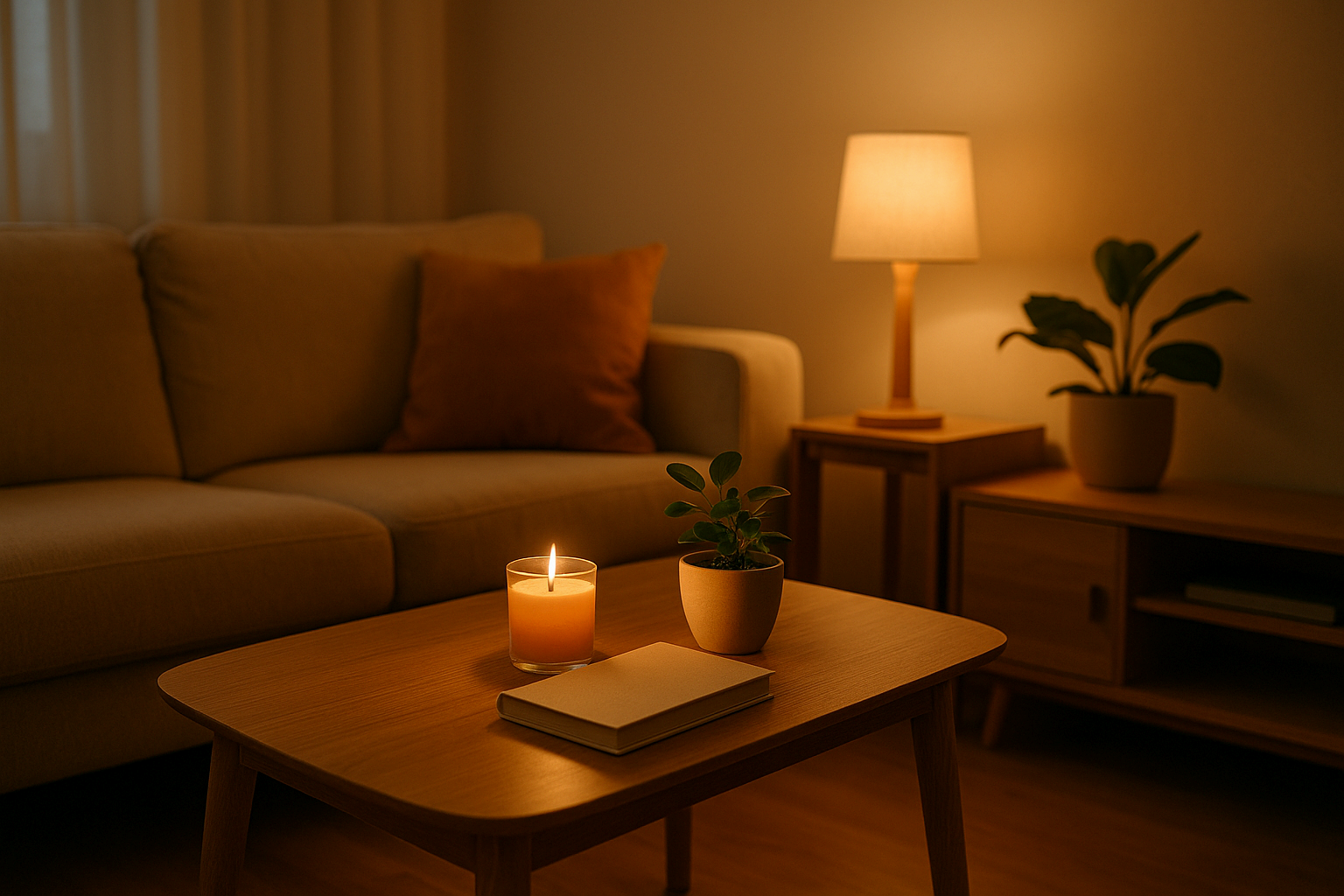 거실 테이블 위에 향초와 식물이 놓인 따뜻한 분위기의 인테리어