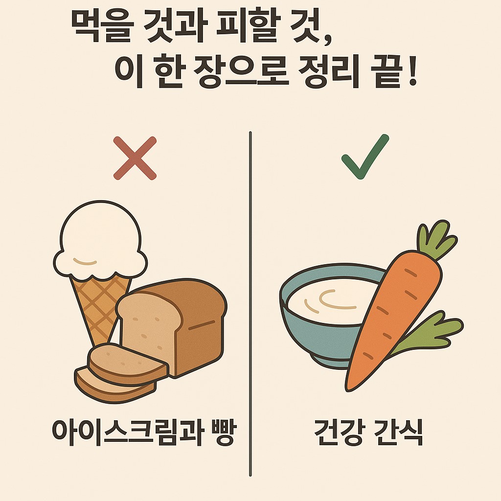 모유 수유 중 건강 간식과 피해야 할 단 간식(아이스크림 빵) 비교 인포그래픽