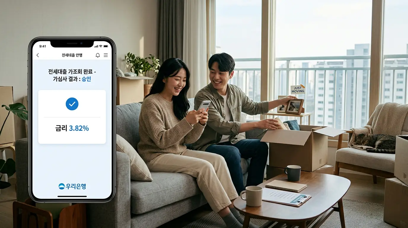 정당한 실거주 예외 신청 후 스마트폰으로 안전하게 이사 갈 집의 전세 대출을 가조회하여 주거 이동을 완료한 모습