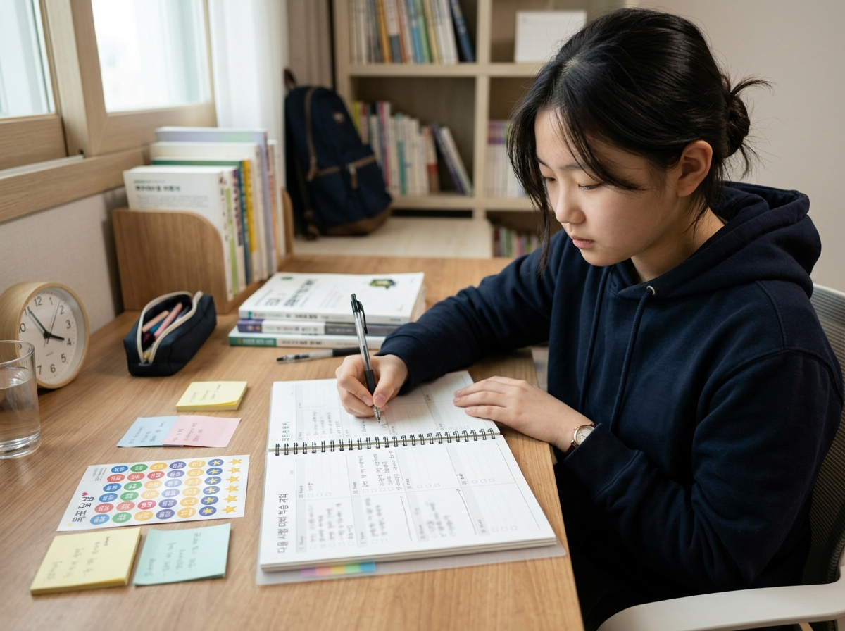 스터디 플래너에 학습 계획을 세우는 중학생