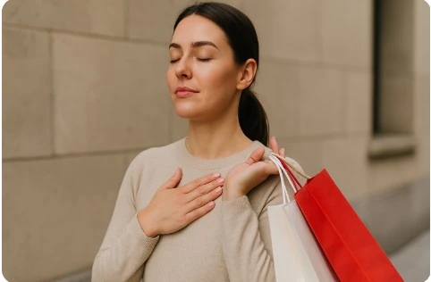 쇼핑백을 들고 침착함을 되찾는 여성의 모습