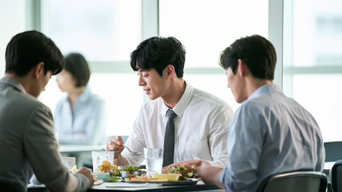 회사 구내식당에서 동료들과 점심을 먹는 신입 사원