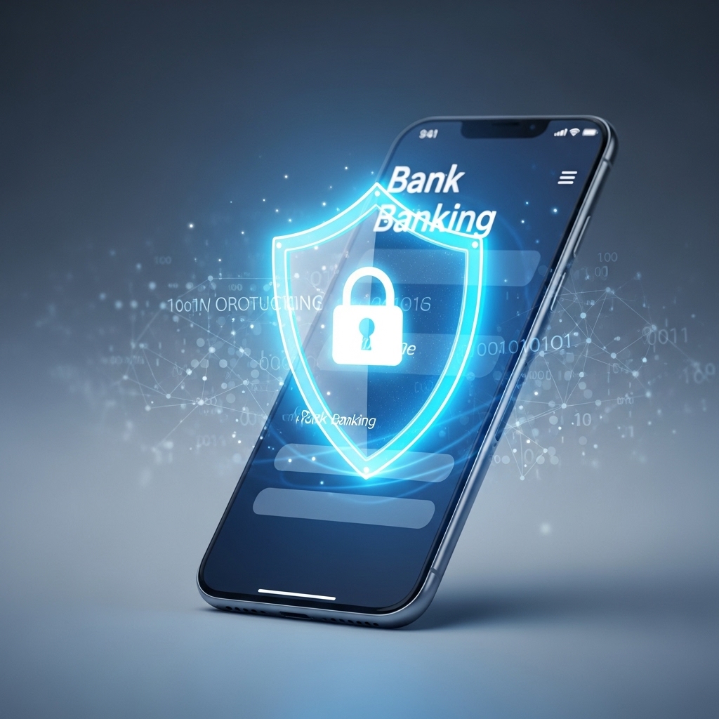 오픈뱅킹 안심차단 서비스로 보호되는 스마트폰 화면 위 푸른색 방패와 자물쇠 아이콘.