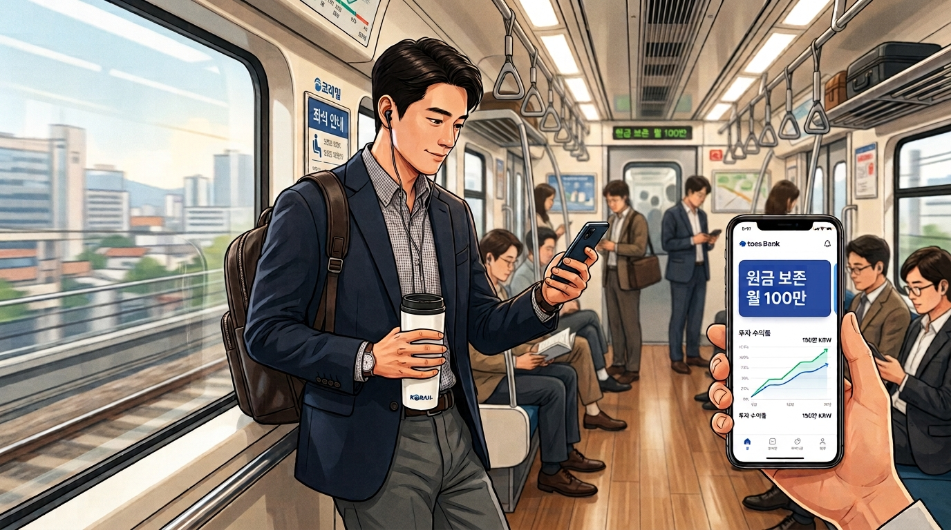 금요일 아침 붐비는 출근길 지하철 안, 따뜻한 모닝커피를 한 손에 쥔 채 스마트폰 화면 속 안전하게 정돈된 국내 상장 미국 지수 ETF 및 SCHD, DIVO 자산의 매매 궤적과 안정적으로 자녀 증여 비과세 복리 파이프라인 매트릭스를 확인하며 평온한 미소를 짓는 스마트 직장인 부모의 주중 일상 일러스트