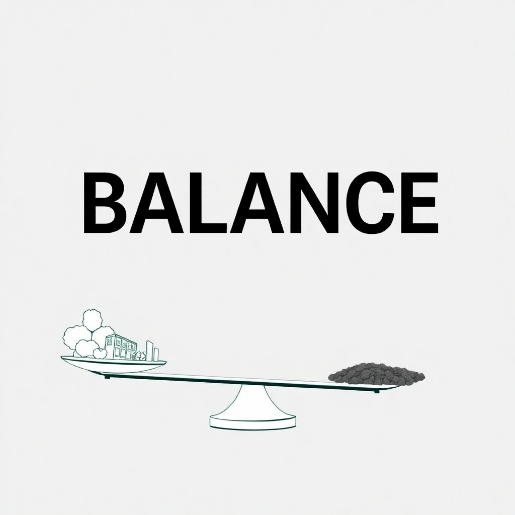 기울어진 저울 위에 한쪽(부산)은 가볍고 다른 한쪽(서울)은 무거운 이미지를 통해 지역 간의 불균형을 표현합니다. 그 위에 '균형'이라는 단어를 삽입하여 개선의 필요성을 나타냅니다.