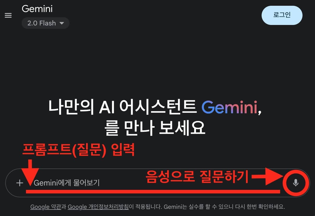Google Gemini 시작 화면 하단 프롬프트 창의 텍스트, 음성 기능을 설명하는 이미지