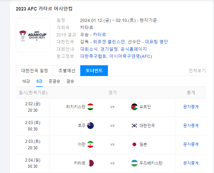 카타르 아시안컵 8강 일정