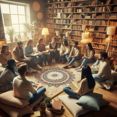 사람들이 여러 개의 쿠션 위에 앉아 대화하는 모습, 분위기가 따뜻하고 친근하다.