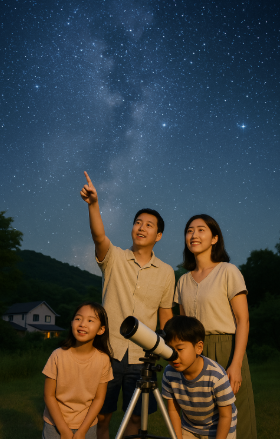 천문대에서 망원경으로 별을 관찰하며 즐거워하는 가족 모습