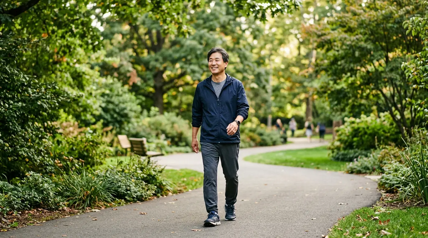 : 체중 관리를 위해 가볍게 걷는 중년 남성의 일상 장면