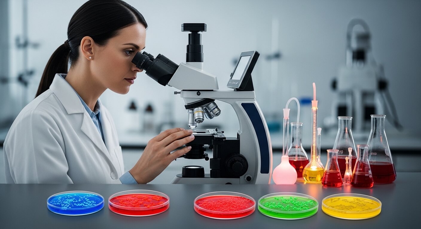 연구자가 현미경을 보고있고 옆에는 실험기구들이 있다