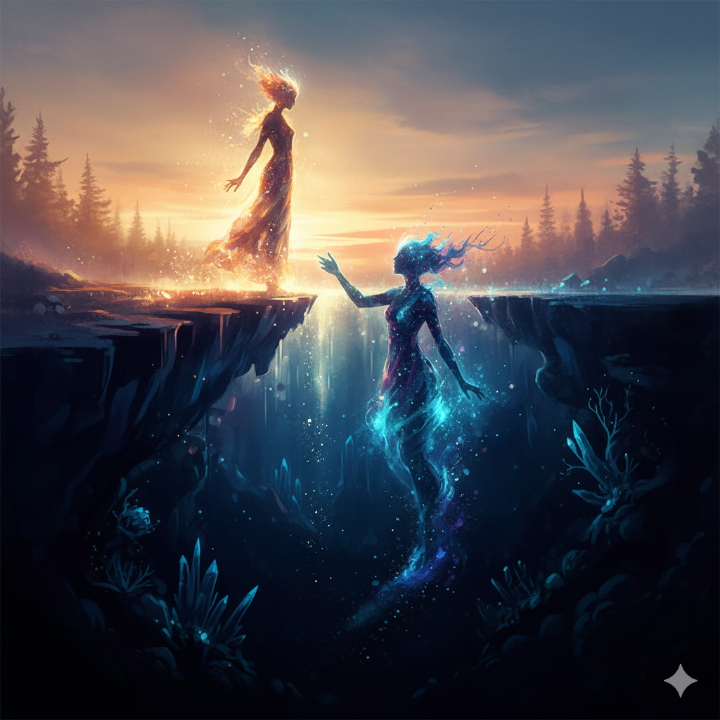 육지와 심해의 경계에서 만나는 듯한 두 그림자 또는 추상적인 빛과 어둠의 조화