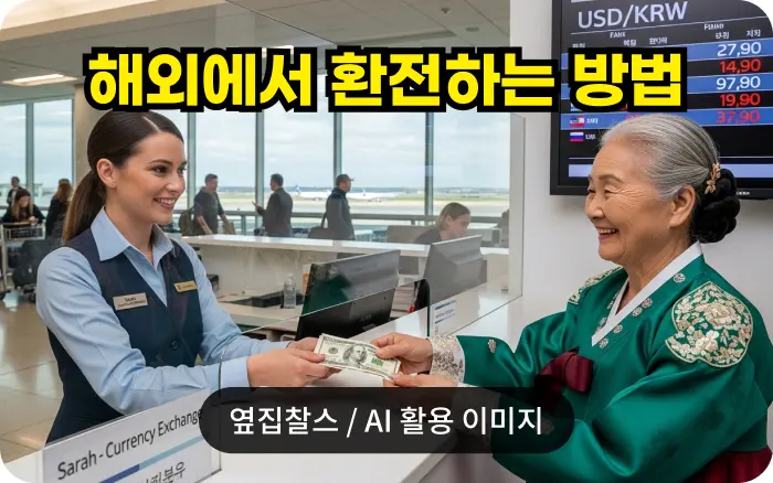 할머니가 공항에서 환전하는 모습