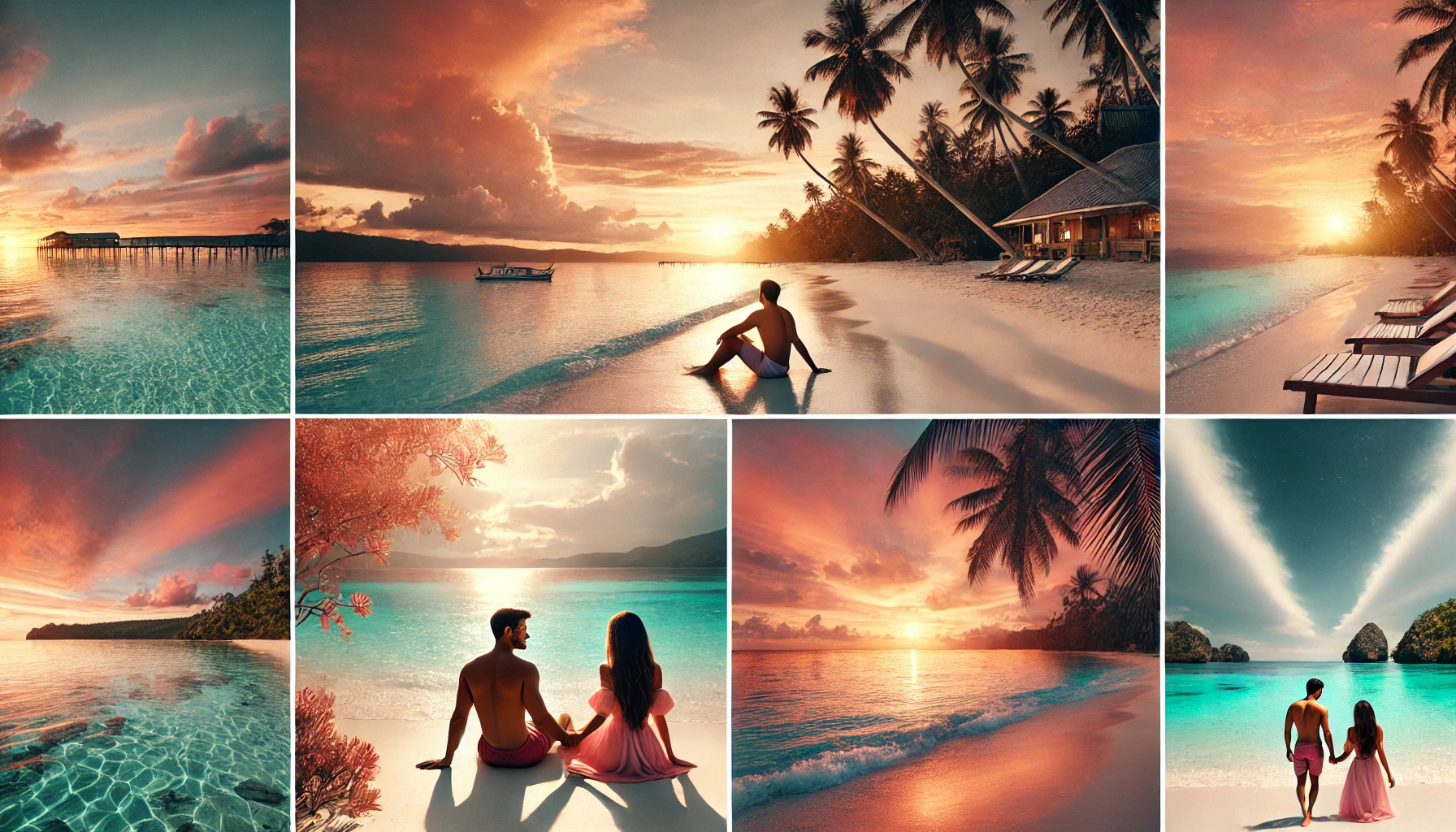 보홀의 아름다운 해변을 배경으로 커플이 손을 잡고 산책하거나, 선셋을 바라보는 모습