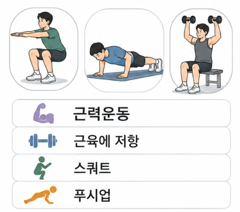 스쿼트와 푸시업, 덤벨 등을 이용해 근육에 저항을 주는 근력운동을 보여주는 그림