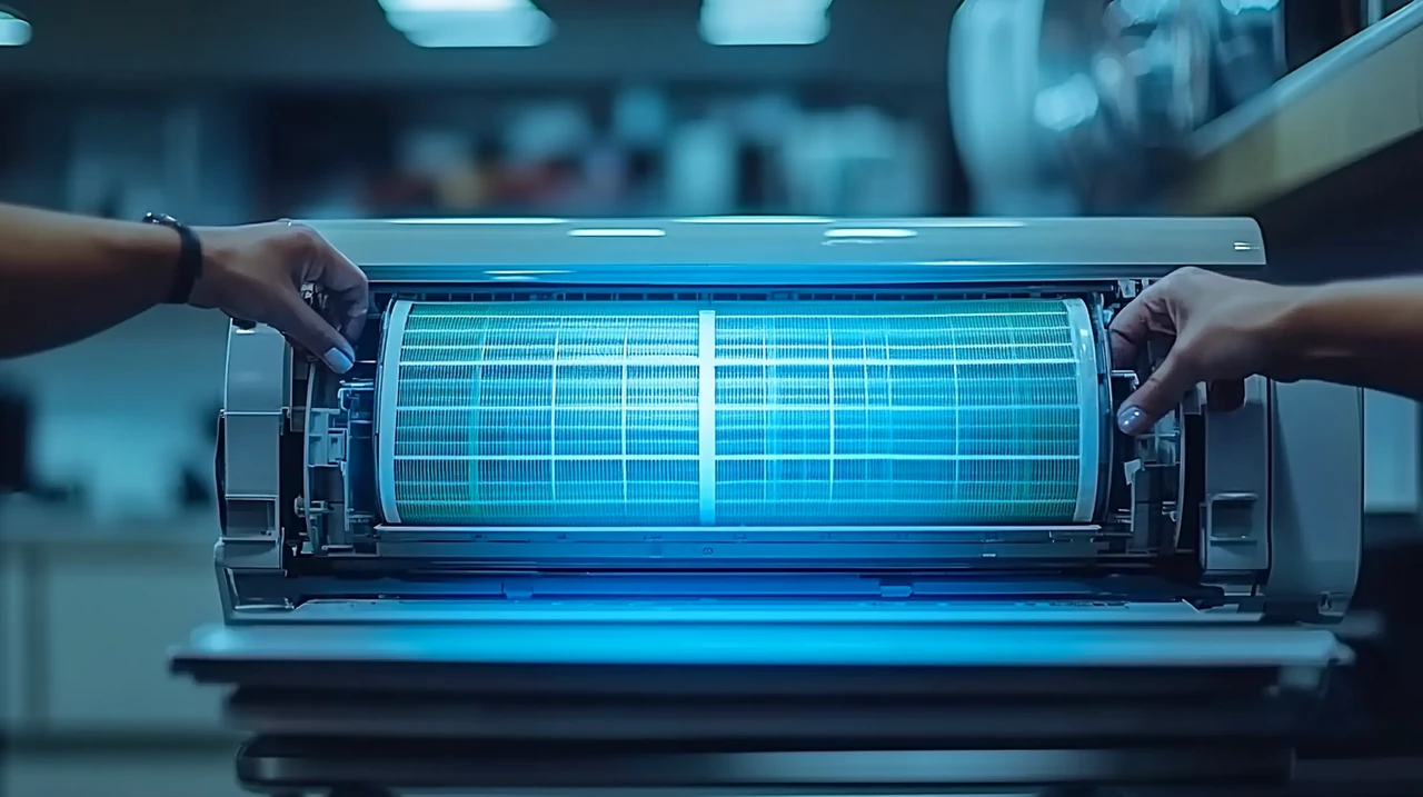 오염된 필터와 새로 교체된 깨끗한 필터 간 차이를 선명하게 보여주는 장면, 필터 관리의 중요성을 부각.