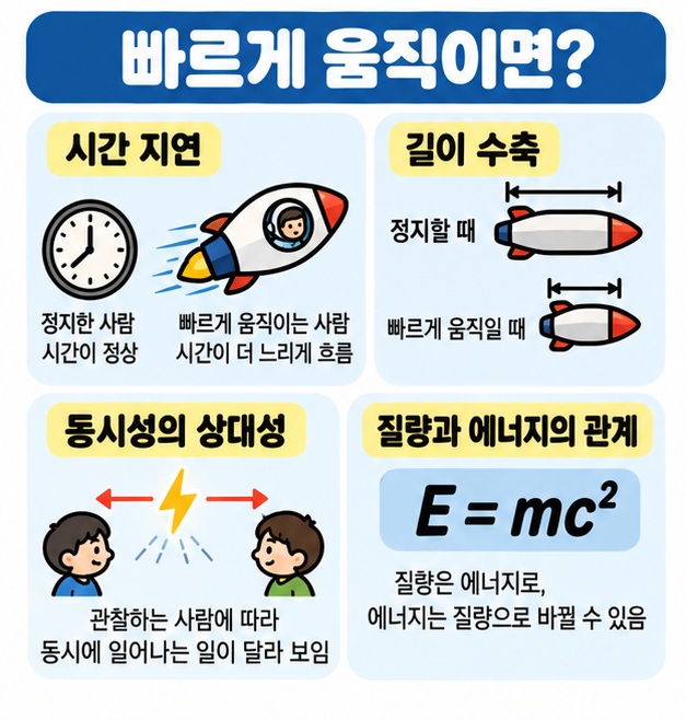 시간 지연, 길이 수축, 동시성의 상대성, E=mc²를 특수상대성이론의 핵심으로 정리한 카드