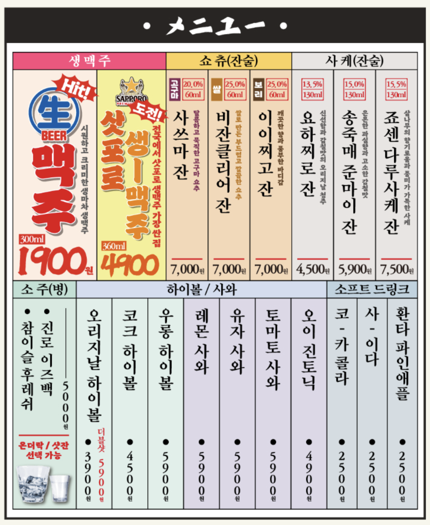 생마차 메뉴판