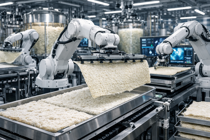 자동화 시스템을 통해 바이오 소재를 대량 생산하는 현대적인 스마트 공장 내부