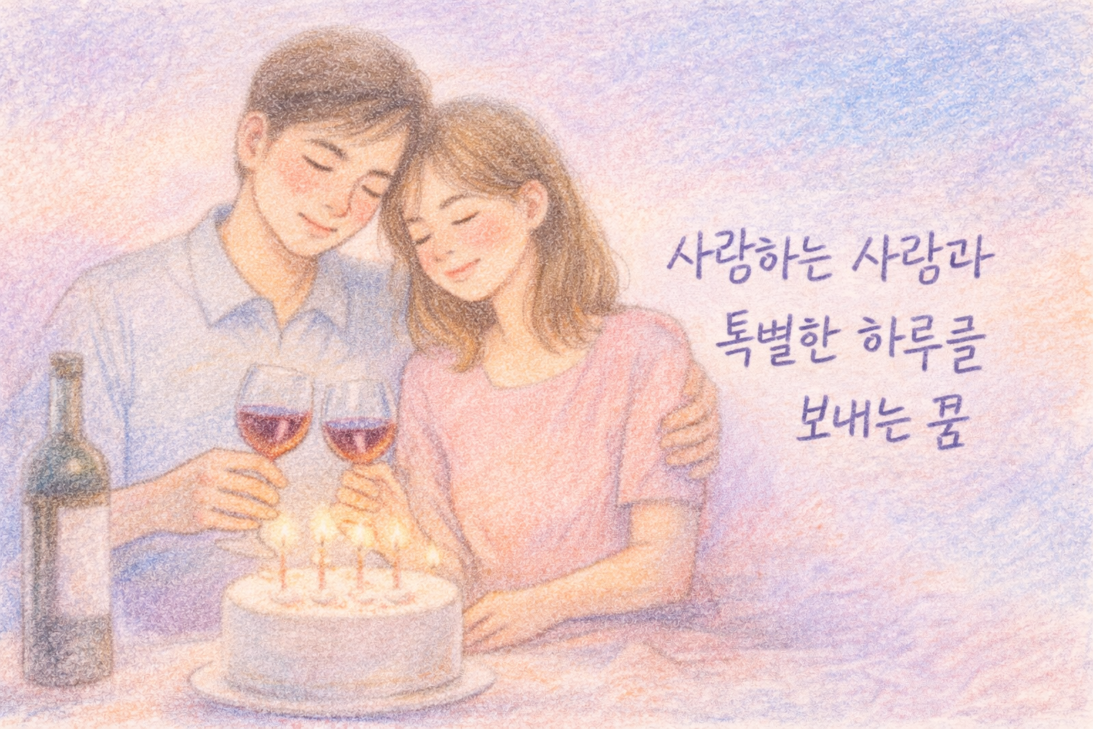 기념일 케이크 앞에서 연인이 함께 웃는 장면