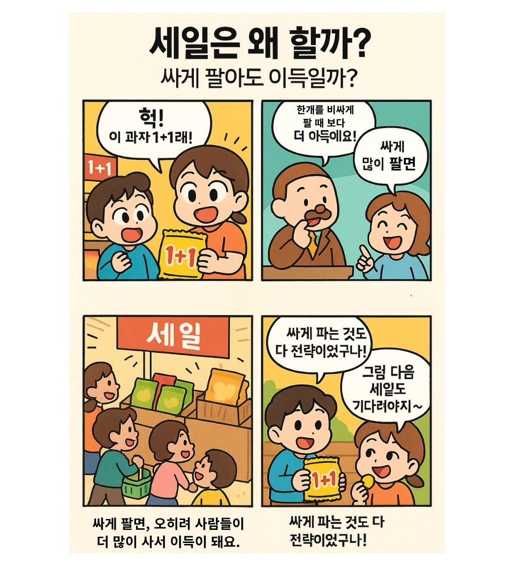 싸게 팔면 왜 이득이 되는지를 4컷 만화로 설명, 세일의 경제적 전략을 쉽게 설명하여 초등학생도 이해할 수 있는 내용
