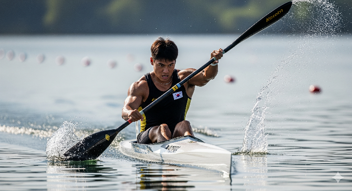 힘차게 노를 저어 물살을 가르는 남자 카약 선수