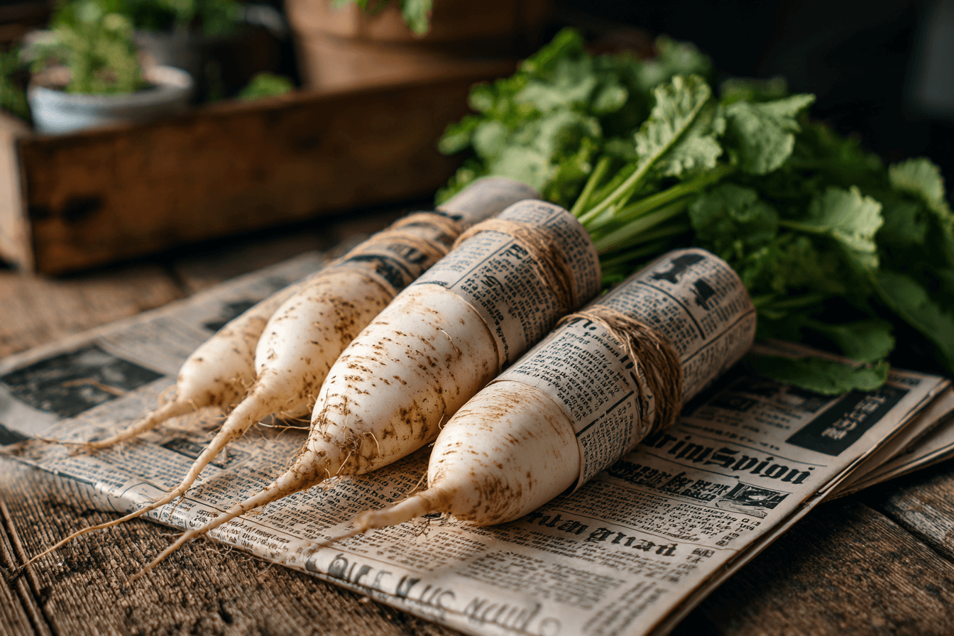 신문지에-쌓여져-있는-무-이미지