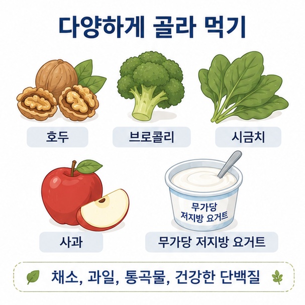 호두와 브로콜리, 시금치, 사과, 무가당 저지방 요거트를 배치해 다양한 식품군을 골고루 먹는 방법을 표현한 이미지