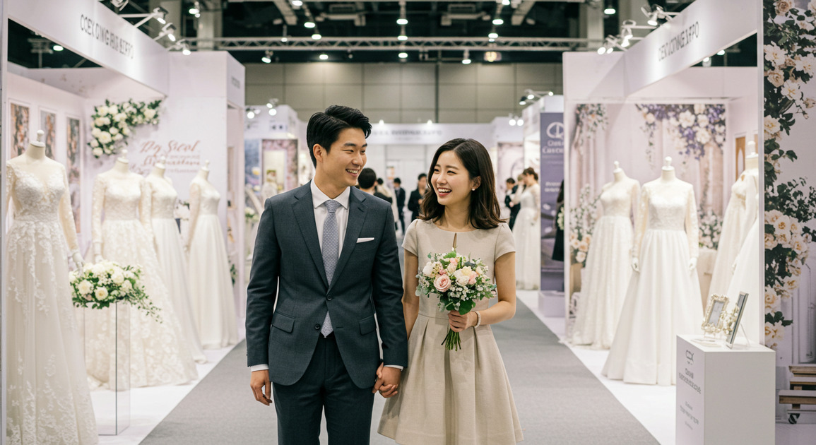 호텔 웨딩박람회 구경 중인 커플 이미지
