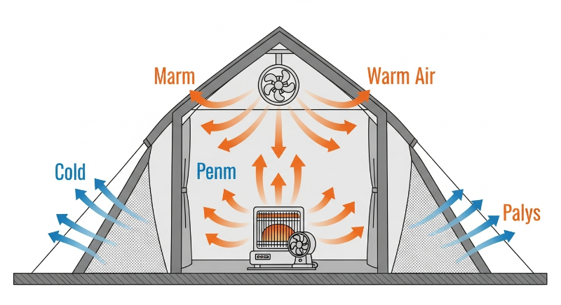 텐트 내부의 공기 순환과 환기 원리를 설명하는 다이어그램, 결로 예방을 위한 서큘레이터 활용법
