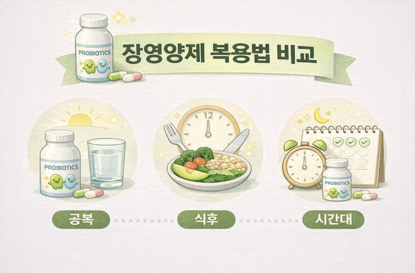 장영양제 복용법 비교 (공복, 식후, 시간대)
