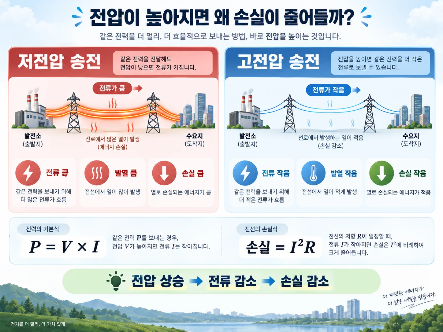 저전압 송전과 고전압 송전의 전력손실 비교