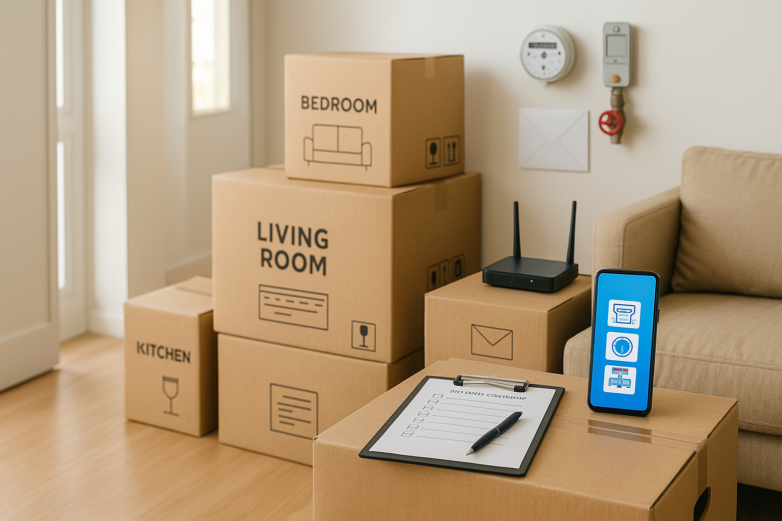 이사 체크리스트 썸네일 — 전입신고·전기/가스/수도 명의변경·인터넷 이전을 한눈에 떠올리게 하는 이사날 리빙룸과 무빙박스 사진