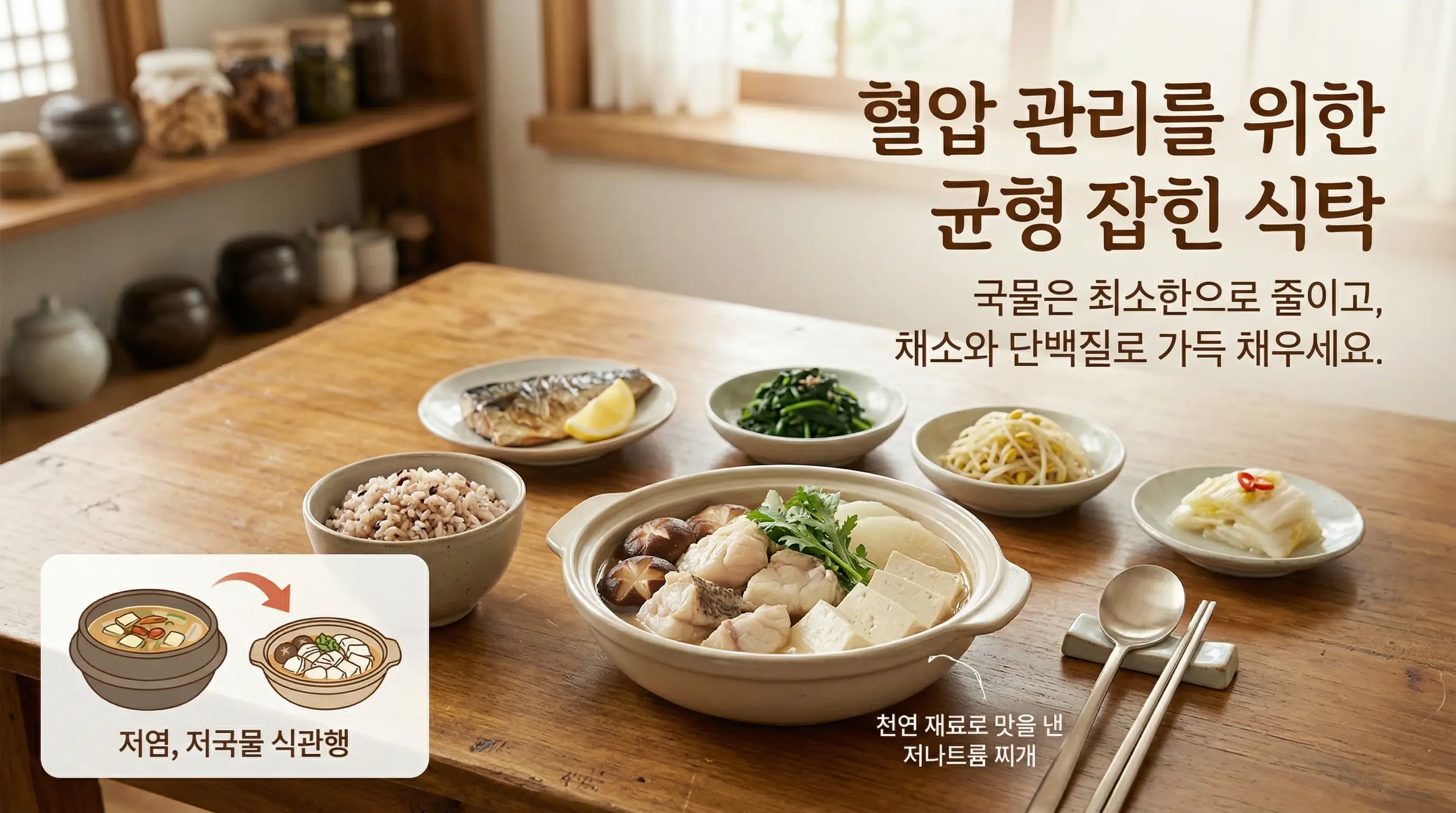 국물과 소스를 줄이고 균형 있게 차린 혈압 관리 식사 예시