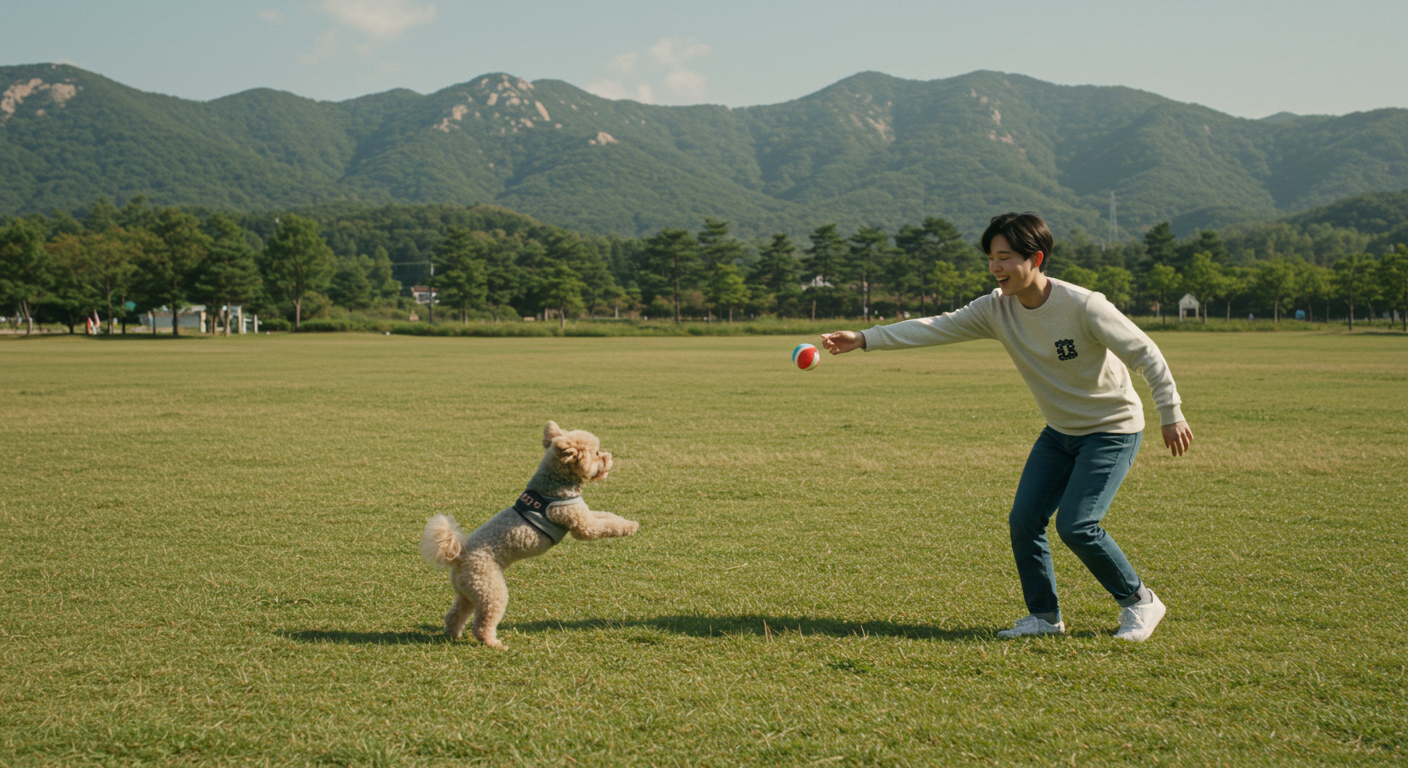 강원도의 넓은 초원에서 반려견과 뛰어노는 한국인
