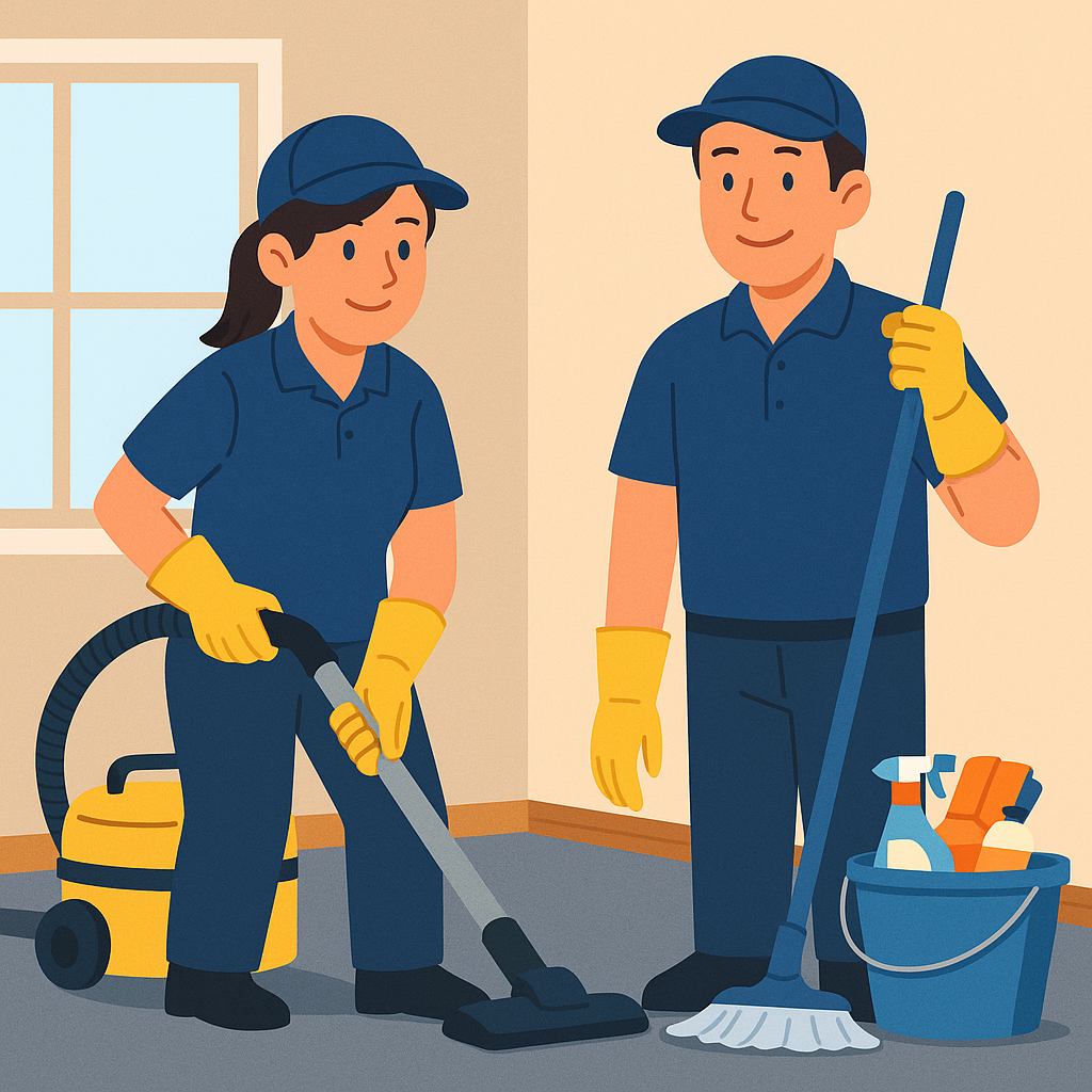청소복과 장갑을 착용한 부부가 밝은 표정으로 함께 입주청소를 진행하고 있는 모습의 평면 일러스트, 남편은 진공청소기를 밀고 아내는 창문을 닦고 있음