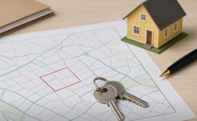 귀촌 토지 매입을 상징하는 장면으로, 지도 위에 빨간색 경계선이 표시된 토지와 열쇠, 작은 주택 모형, 펜이 놓여 있는 책상 위 풍경.