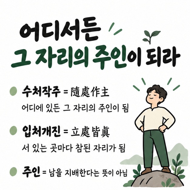 수처작주 隨處作主는 어디에 있든 그 자리의 주인이 된다는 뜻이고 입처개진 立處皆眞은 서 있는 곳마다 참된 자리가 된다는 뜻임을 보여주는 카드